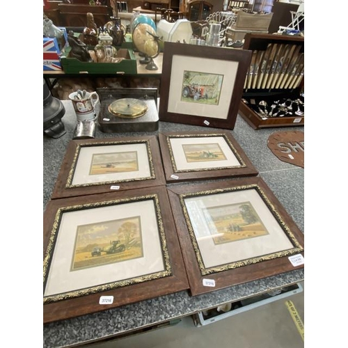 300 - Set of 4 harvest scene prints, English pewter hip flask, oak Leighton & Sons Limited Lancaster wall ... 