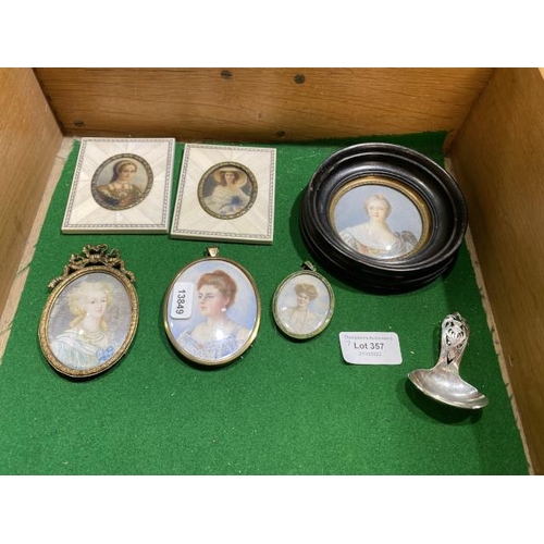 357 - 6 Antique portrait miniatures (4 signed) & Edinburgh silver caddy spoon (approx. 20g)