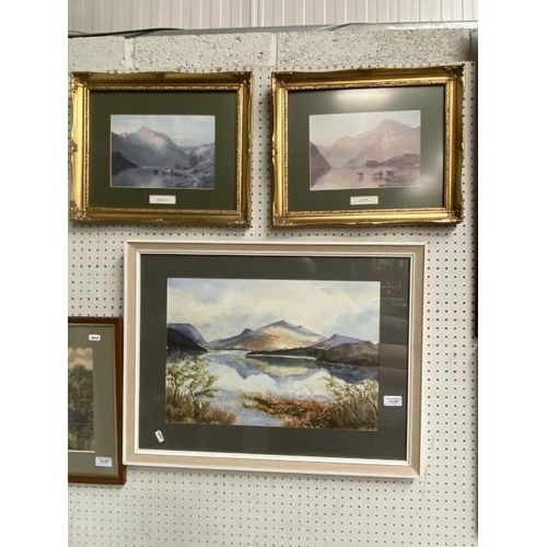 465 - Framed signed H. Swaine watercolour of Snowdon from Llyn Pardan lake & 2 gilt framed prints of Loch ... 