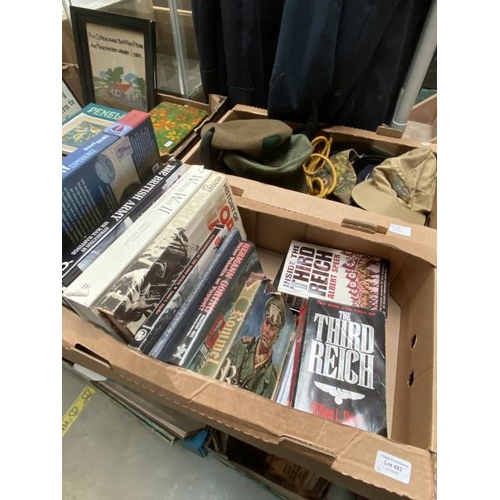 483 - Box of historical books inc. WWII A Visual Encyclopedia, Inside the 3rd Reich & box of military hats... 