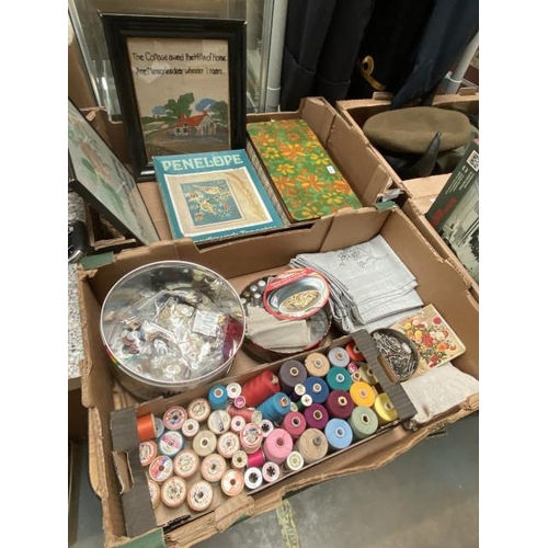 484 - 2 boxes of sewing items inc. 1960s work box, tapestries, embroidery items etc