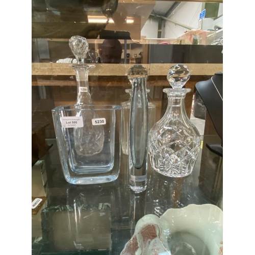 505 - 3 Glass decanters with stoppers & 2 art glass vases (1 signed to underneath)