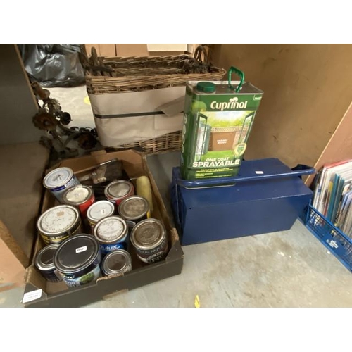 545 - Harvest Brown Cupranol fence paint (5L), metal toolbox & box of tins of stain, brushes, etc (as foun... 