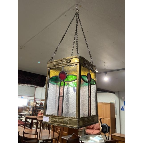 74 - Vintage brass & stained glass lantern