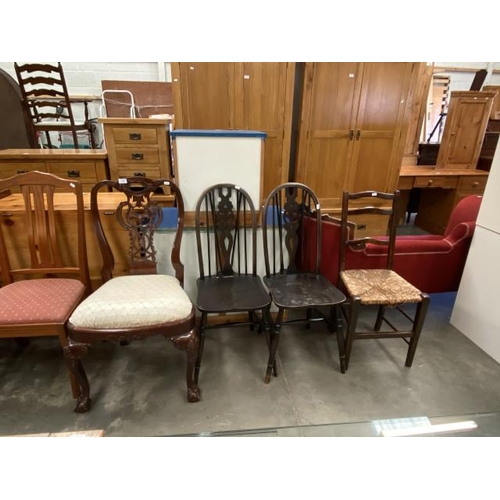 82 - 2 Oak wheel back chairs, rush seated bedroom chair & mahogany Chippendale style side chair