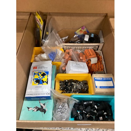 511 - 10 Boxes of electrical items inc. hot metal glue gun, soldering iron stand, connectors, circuit test... 