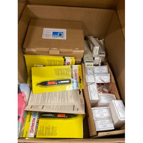 511 - 10 Boxes of electrical items inc. hot metal glue gun, soldering iron stand, connectors, circuit test... 