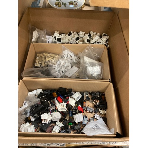 511 - 10 Boxes of electrical items inc. hot metal glue gun, soldering iron stand, connectors, circuit test... 