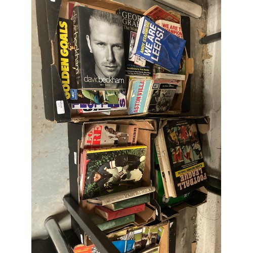 527 - 7 Boxed of sporting books & programmes inc. Dickie Bird, David Beckham, Boycott on cricket, Leeds Un... 