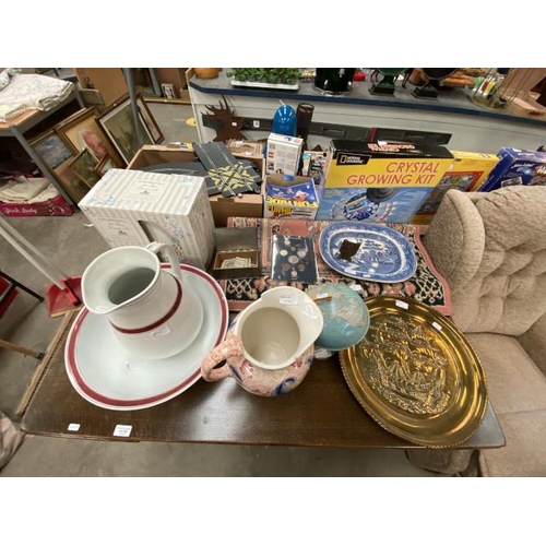 484 - Brass charger, Cauldon floral jug, blue & white meat plate, coins of Great Britain, desk globe, Pers... 