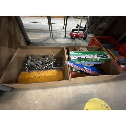 589 - 2 Boxes of workshop tools inc. spanner, ceramic tile cutter, hammer saw etc