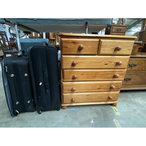 71 - Pine 6 drawer chest - as found (86H 75W 40D cm) & 2 suitcases