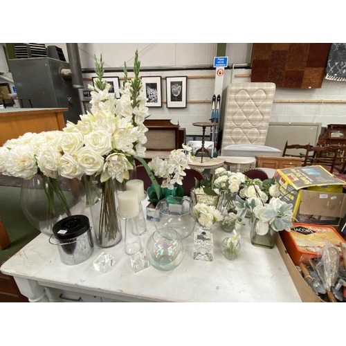 75 - Contemporary vases with faux floral displays, candle stands, terrariums, gold fish bowl vases etc