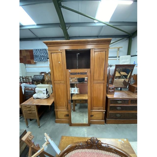 83 - Edwardian satin wood mirrored wardrobe (218H 144W 48D cm) (cornice missing to top right hand side)