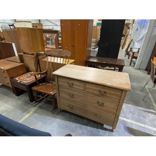 104 - Mid-century tile top nest of 3 tables (44H 57W 51D cm), oak rocking chair (60W cm) & satin wood 4 dr... 