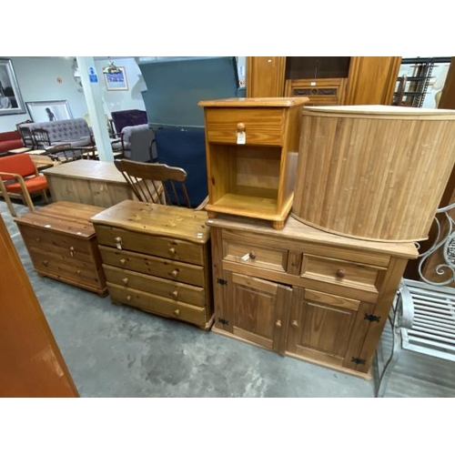 118 - Mexican pine sideboard (85H 100W 47D cm), pine 4 drawer chest (74H 84W 35D cm), corner laundry baske... 