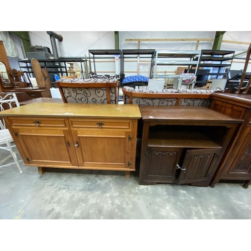121 - Pine 2 drawer sideboard (82H 130W 44D cm) & oak linen fold 2 door cabinet (80H 79W 46D cm)