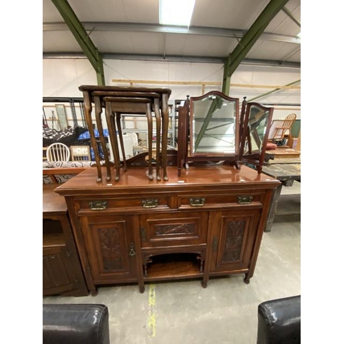 122 - Mahogany nest of 3 tables (53H 48W 38D cm), mahogany triptych dressing table mirror & art nouveau sa... 