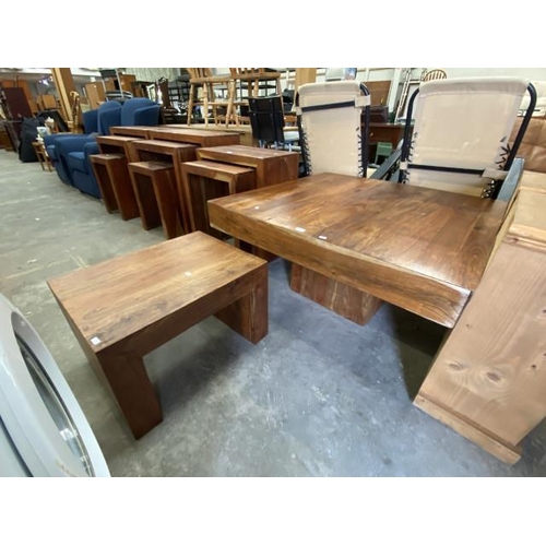 155 - 2 Continental hardwood occasional tables (40H 60W 46D & 53H 106W 106D cm)