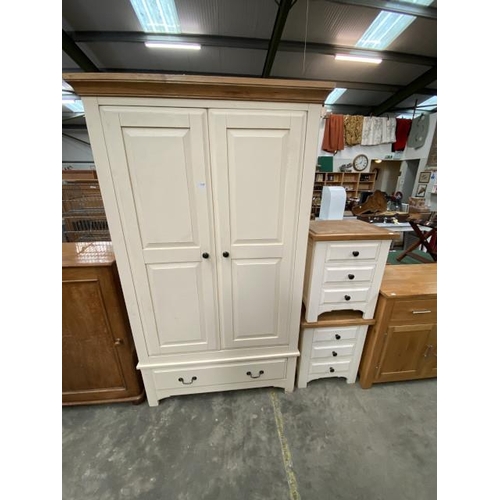 169 - Painted oak 2 door wardrobe (196H 112W 60D cm) & matching pair of 3 drawer bedside chests (64H 55W 4... 