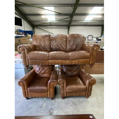 187 - Tan leather 3 piece suite (3 seater settee 200W, 2 armchairs 100W cm) (sold as seen)