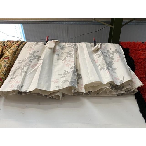 223 - 2 pairs of floral lined curtains 192w x 160d with tie backs