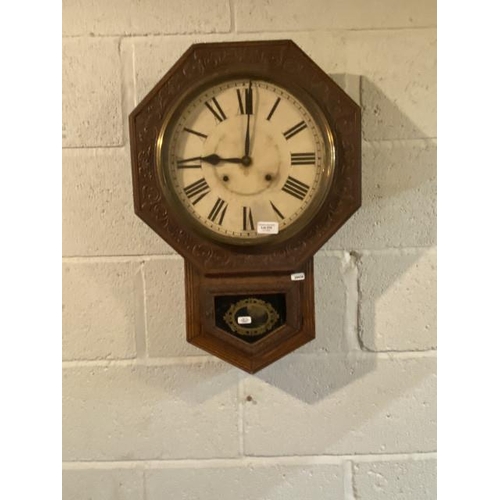 274 - American oak wall clock with pendulum & key ** KEY IN JEWELLERY CABINET **