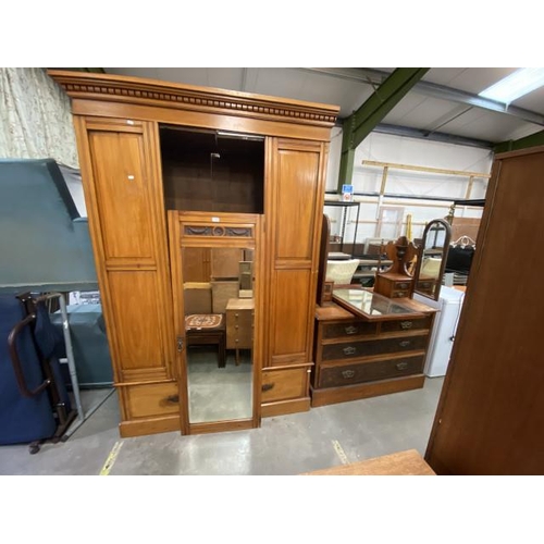 80 - Edwardian satin wood mirrored wardrobe (218H 144W 48D cm) (cornice missing to top right hand side) &... 