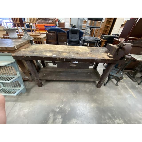 96 - Vintage workshop bench with Parkinson's model F no. 8 vice (110H 183W 70D cm)