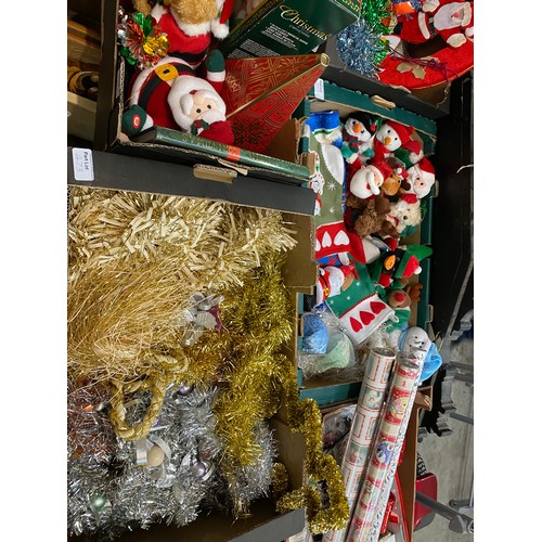 473 - 9 Boxes of assorted Christmas decorations, Christmas wrapping paper, assorted Christmas CDs, 2 7' wo... 