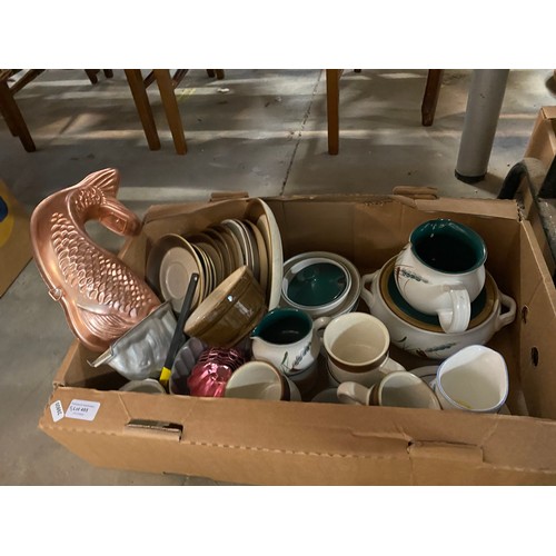 485 - 5 Boxes of collectables inc. Denby, glassware, Kenwood chef & accessories, kitchenalia, large metal ... 