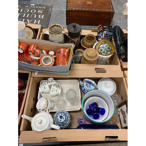 482 - 9 Boxes of collectables inc. Royal Doulton, Minton Hadden Hall, Studio Pottery, handbags etc