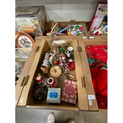 381 - 13 Boxes inc. Christmas decorations, commemorative ware, boxed glass punch bowl & cups, metal wares ... 