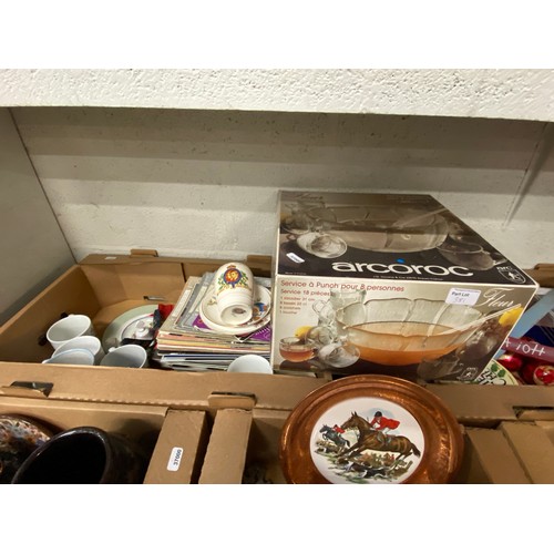 381 - 13 Boxes inc. Christmas decorations, commemorative ware, boxed glass punch bowl & cups, metal wares ... 