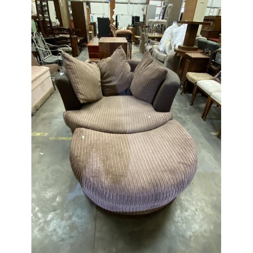 107 - Brown suede/cord swivel snuggle chair (125W cm) & matching footstool