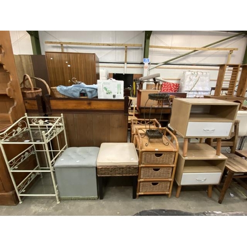 117 - Pair of wicker 3 drawer chests (72H 39W 37D cm), 2 upholstered stools (49H 43W 43D & 47H 42W 34D cm)... 