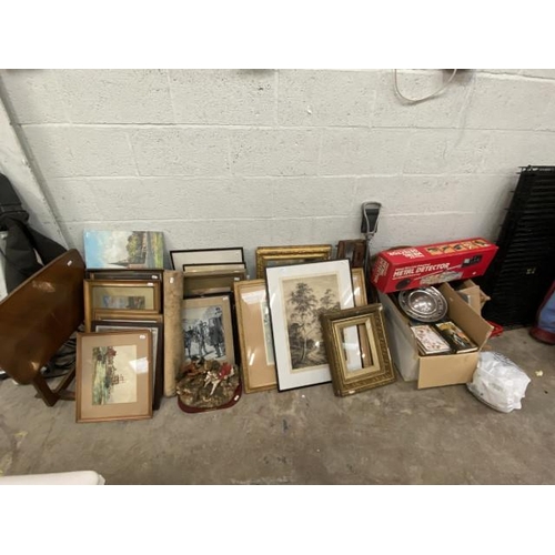 123 - Assorted framed pictures & prints, Micronta metal detector, box of assorted books, shooting stick et... 