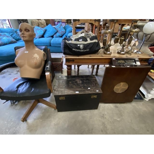 168 - Edwardian oak & leather office chair (61W cm), mannequin bust, vintage tin trunk (42H 65W 42D cm) & ... 