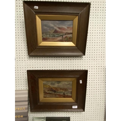 446 - Pair of Edwardian oak framed coastal scene oils on canvas signed M. Thorpe (35x43cm)