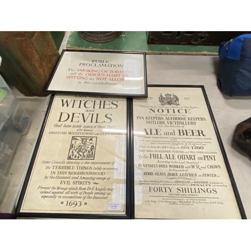 521 - 3 Framed prints, Public Proclamation, Cast Out All Witches & devils & Ale & Beer