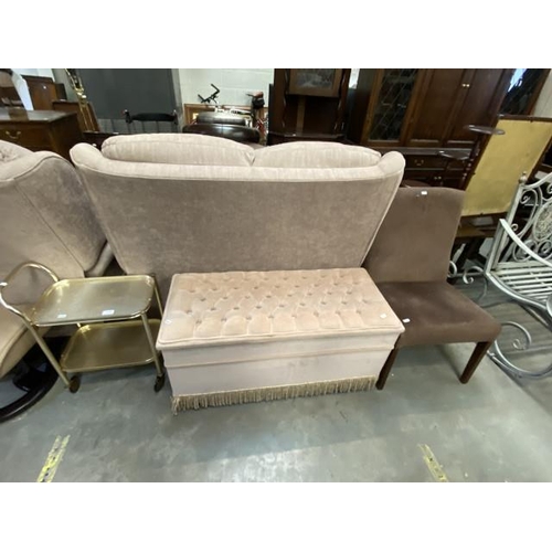 82 - Mid-century 2 tier trolley (60H 48W 26D cm), upholstered button back blanket box (48H 94W 42D cm) & ... 