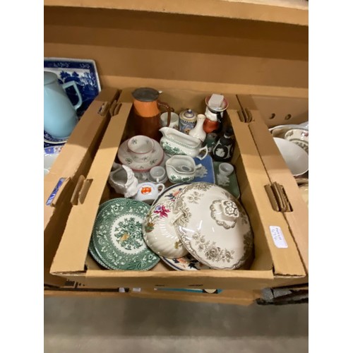 474 - 8 Boxes of assorted collectables inc. jelly moulds, crested ware, Royal Worcester, Crown Ducal, blue... 