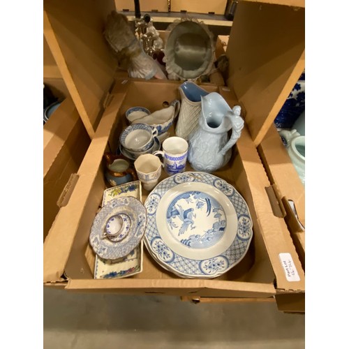 474 - 8 Boxes of assorted collectables inc. jelly moulds, crested ware, Royal Worcester, Crown Ducal, blue... 