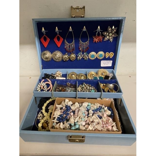 313 - Blue jewellery case with contents plus box of vintage beads