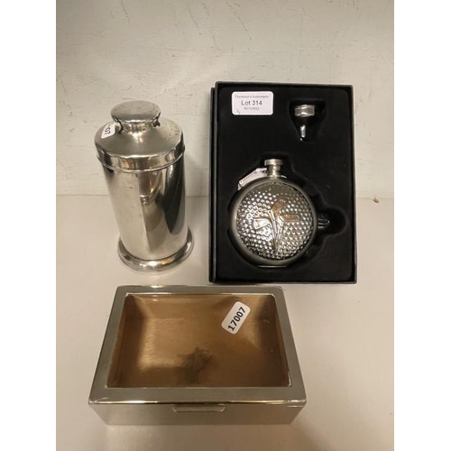 314 - Boxed golfing flask ,lidded plated container & plated glass box