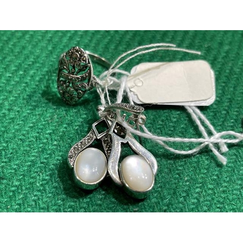 338 - Two 925 silver & marcasite items. Vintage ring (stamped England, size N) & earrings which are revers... 