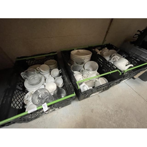 510 - 3 Boxes of catering cups & saucers, teapots, tureens etc