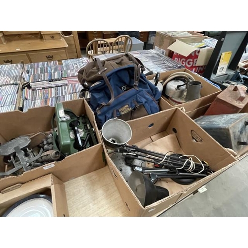 525 - 5 Boxes of collectables inc. scales, Pye lines mans telephone 1705, 2 anglepoise lamps, 2 metal jerr... 