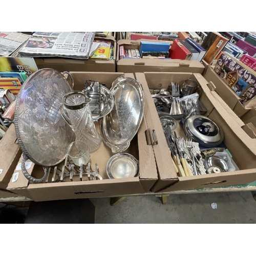 529 - 2 boxes of assorted plated ware inc serving trays & cutlery