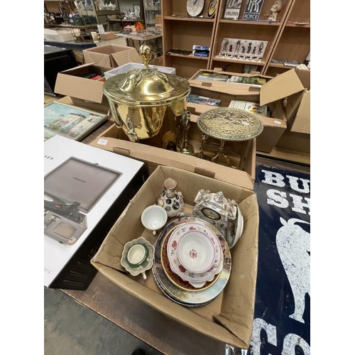 559 - Brass coal bucket, trivet, candlesticks & box of pottery inc. Foley & Falcon ware